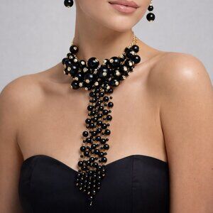 Long Black Pearl Waterfall Statement Necklace